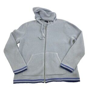 Lands End Drifter Hood Zip Sweater Cardigan Jacket Light Blue Ribbed Women Large